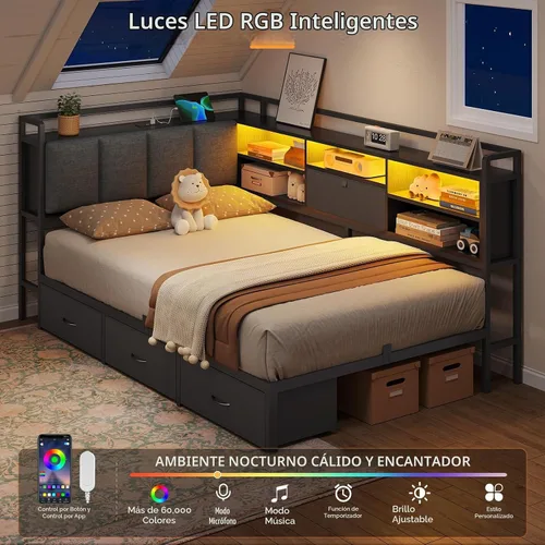 Vista 3 de Marco de cama de esquina doble con 4 cajones, estantería y cabecero de Negro