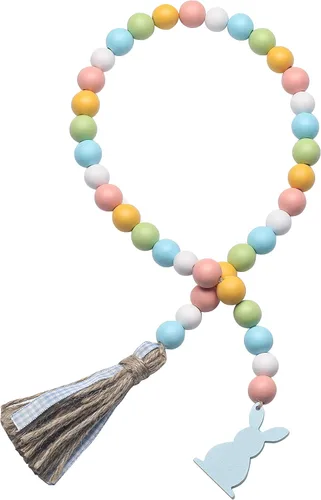 Vista 9 de Guirnalda de cuentas de madera de Pascua con borlas y etiqueta de conejo, cuentas de madera de estilo granja para decoraciones de bandeja
