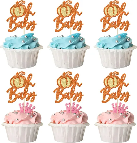 Vista 18 de 24 adornos para cupcakes de calabaza para niños o niñas con purpurina para revelación de género, decoración para cupcakes de calabaza, pies