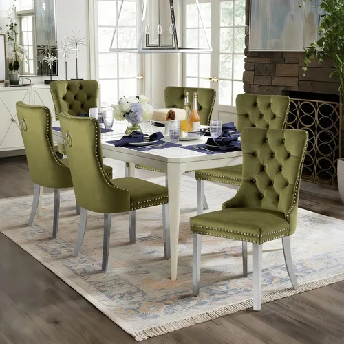 Vista 135 de Juego de 2 sillas de comedor de terciopelo con patas de madera, color beige Mid Century Modern Dining Chairs,Upholstered Chairs with Nailhead