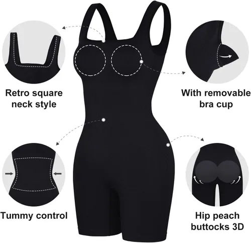 Vista 3 de Popilush Overol moldeador para mujer, brasier integrado, cuello cuadrado, pantalones cortos, bodysuits de verano