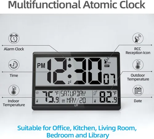 Vista 2 de Reloj atómico LFF de 4.5" con números, reloj de pared atómico que nunca necesita configuración, temperatura interior y exterior con sensor