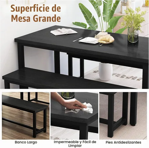 Vista 4 de Juego de mesa de comedor con 2 bancos, juego de mesa de comedor de estilo granja para 4-6 personas, juego de mesa de desayuno de madera, juego