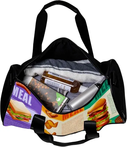 Vista 5 de Infographic Healthy Food and Fastfood Newspaper Sports Duffel Bag Travel Tote Carry on Weekender Gym Overnight Bag for Men & Women