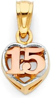 Vista 2 de Ioka 14K Tri Color Gold Sweet 15 Years Quinceanera Heart Charm Pendant with 1.5mm Valentino Chain Necklace