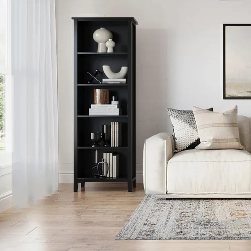 Vista 2 de SIMPLIHOME Estantería artesanal de madera maciza de 72 pulgadas de alto y 5 estantes en color negro, almacenamiento contemporáneo para sala