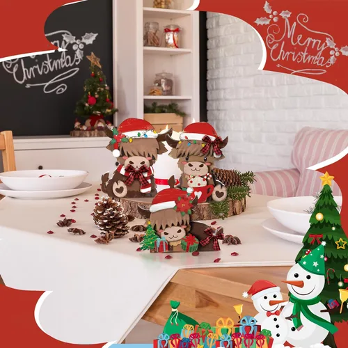 Vista 6 de GlikCeil 3 piezas de decoración de mesa de madera de vaca de las tierras altas de Navidad, centro de mesa, bandeja escalonada de vaca de las tierras
