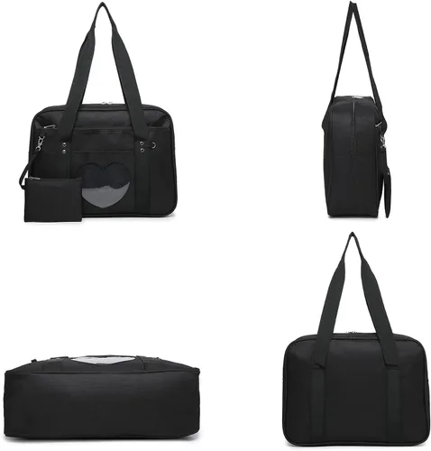 Vista 3 de Henmifyer Heart Messenger Ita Crossbody Bag Kawaii - Bolso bandolera japonés para viajes casuales, correas ajustables (negro, sin correa), Negro