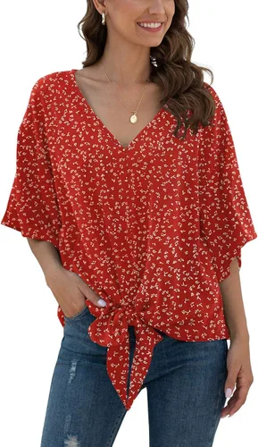 Vista 2 de VIISHOW - Blusas de chifón para mujer, diseño con lazo frontal, cuello en V y manga corta de murciélago para verano