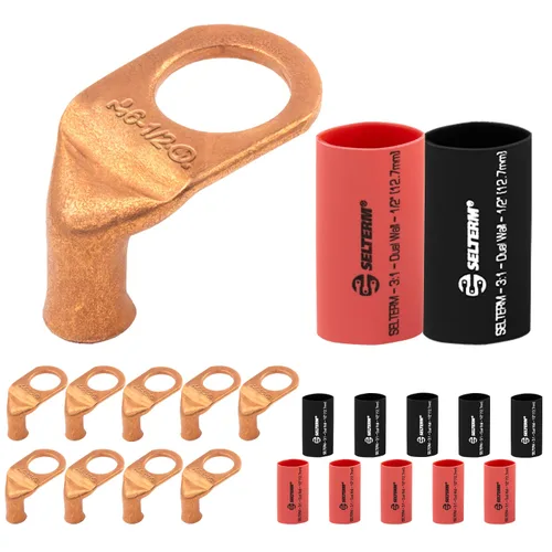 Vista 55 de SELTERM - 5 terminales de anillo resistentes para cable de batería, calibre 1/0 AWG, pernos de 1/2 pulgadas, terminales de calibre 0, ojales