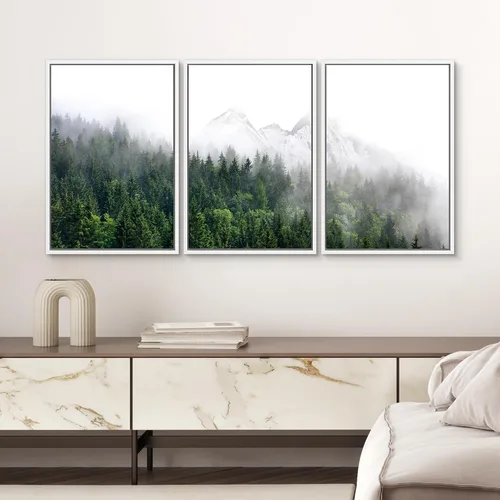 Vista 424 de SIGNWIN Lienzo enmarcado para pared, juego de arte pastel con cadena montañosa, bosque, niebla, naturaleza silvestre, ilustraciones modernas, arte