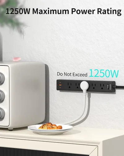 Vista 2 de HOPOW Regleta de alimentación de enchufe plano, cable de extensión ultrafino de 3 pies, protector de sobretensiones con 5 salidas y 3 puertos USB