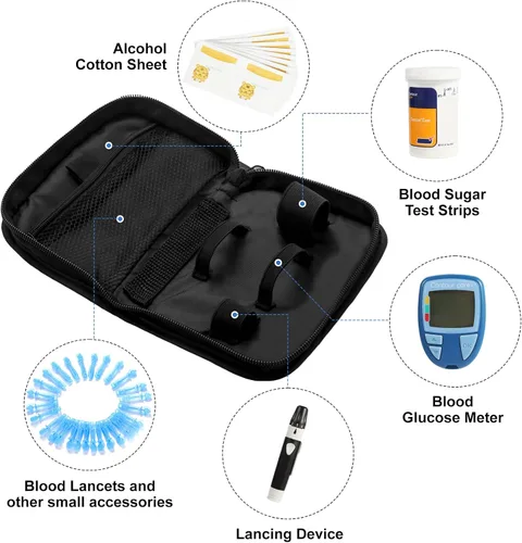 Vista 2 de Estuche de suministro de diabetes, Organizador diabético para tiras de prueba con bolsillo de malla, Bolsa portátil de kit de prueba de diabetes