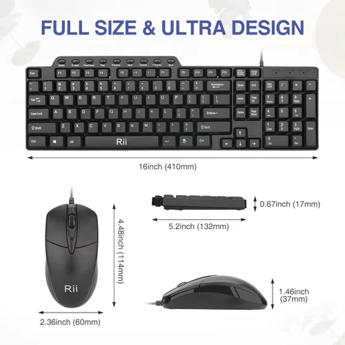 Vista 3 de Rii RK203 - Juego combinado de teclado y teclado básico con cable USB de tamaño ultra completo con teclado con teclado numérico para computadora