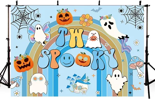 Vista 3 de MEHOFOND Telón de fondo espeluznante azul de 7 x 5 pies para Halloween y 2º cumpleaños retro Groovy Rainbow Hippie, decoraciones de fiesta