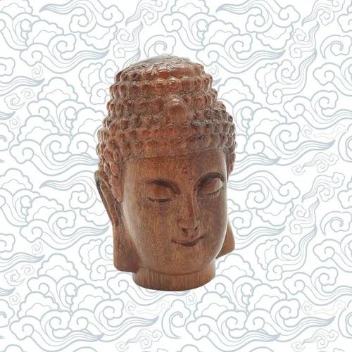 Vista 2 de Estatua de cabeza de Shakyamuni de Buda sonriente meditante, hecha a mano, de madera, anhelada a mano, decoración de buena suerte, regalo