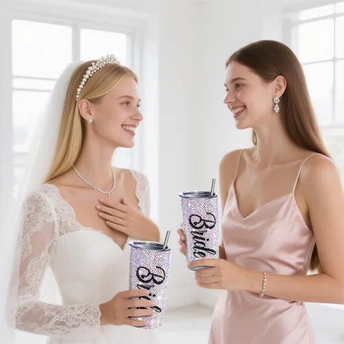 Vista 5 de Vesici Vaso de novia con diamantes brillantes de 20 onzas, taza de novia aislada con popote y tapa, regalos de boda para fiesta de compromiso