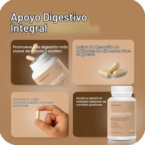 Vista 4 de Houston Enzymes Lypazyme - 120 cápsulas - Formulado profesionalmente con 3 enzimas lipasa diferentes - Apoya la descomposición completa