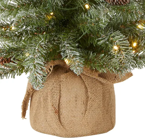 Vista 3 de National Tree Company Árbol de Navidad artificial mini preiluminado de 2 pies con copo, 50 luces LED transparentes, 75 puntas, piñas, base