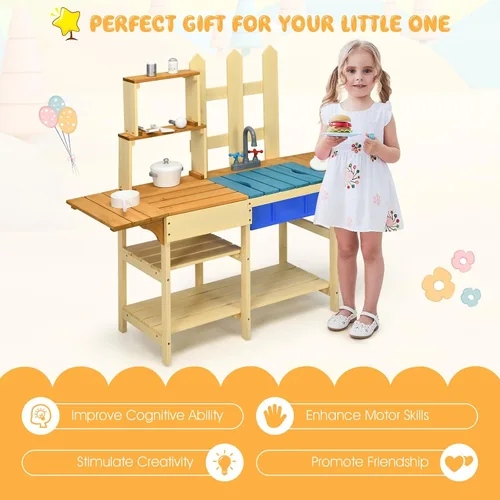 Vista 5 de HONEY JOY Juego de cocina de barro para niños, para interiores y exteriores, juguete de simulación de madera con fregadero extraíble, grifo