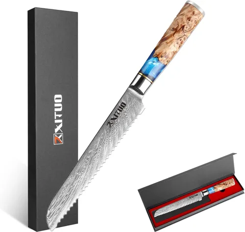Vista 11 de XITUO VG10 Juego de cuchillos de chef japoneses de acero Damasco de 4 piezas, resina azul y mango de madera, cuchillo de chef de 8 pulgadas