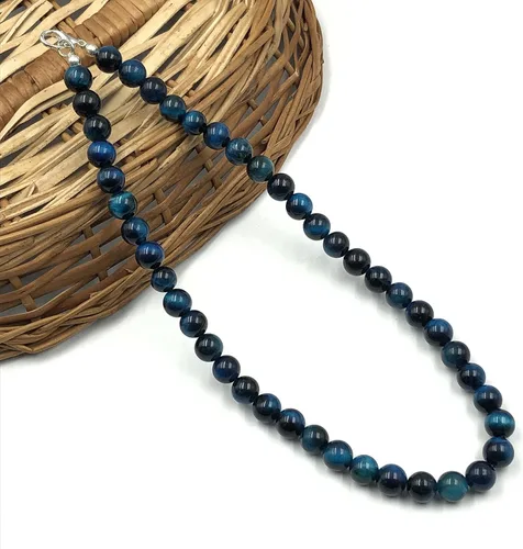 Vista 4 de SHNAYA JEWELS Gargantilla de 15.5 pulgadas con cuentas redondas de ojo de tigre de estrella azul natural para niñas y mujeres, collar unisex, collar