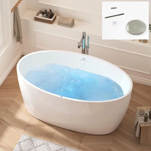 Vista 32 de FerdY Tahití - Bañera de acrílico independiente de 55 pulgadas, elegante bañera de remojo de forma ovalada, blanco brillante, drenaje dorado