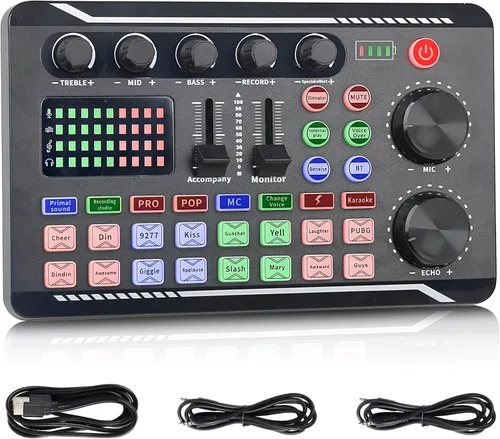 Vista 10 de Mezclador de Audio de 4 Canales, Mezclador DJ con Amplificador de Potencia, Tarjeta de Sonido de Audio con Alimentación Fantasma de 48V, Interfaz