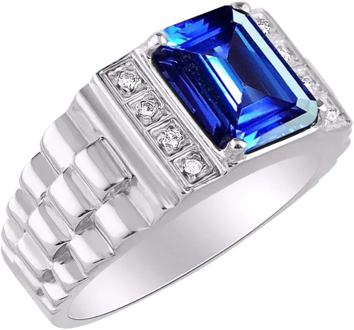 Vista 3 de Rylos anillo para hombre con piedra preciosa con corte esmeralda y diamantes brillantes auténticos en plata esterlina 925, 2564x516pulgadas