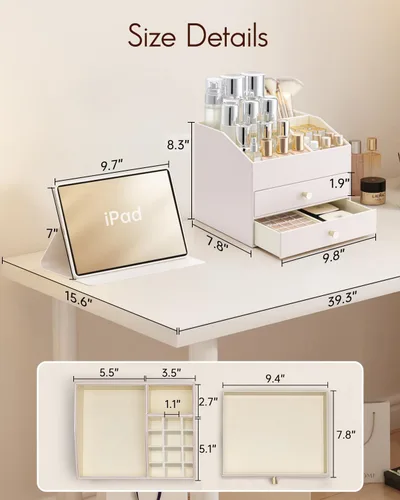 Vista 6 de Organizador de maquillaje Vlando, organizador para el cuidado de la piel para tocador, organizador de maquillaje de PU con cajones, estuche