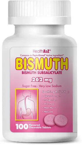 Vista 2 de HealthA2Z® Paquete de ahorros mega: subsalicilato de bismuto de 262 mg, 100 tabletas masticables y organizador de pastillas XL de 7 días