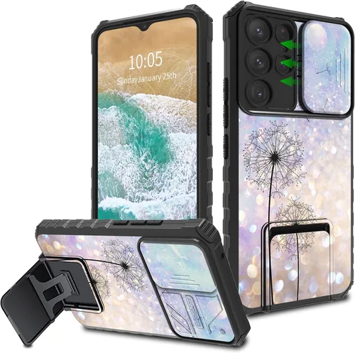 Vista 13 de FUYOCWE Funda para Samsung Galaxy S22 Ultra con cubierta para cámara deslizante, resistente Defender Kickstand Protector de lente de cámara Funda