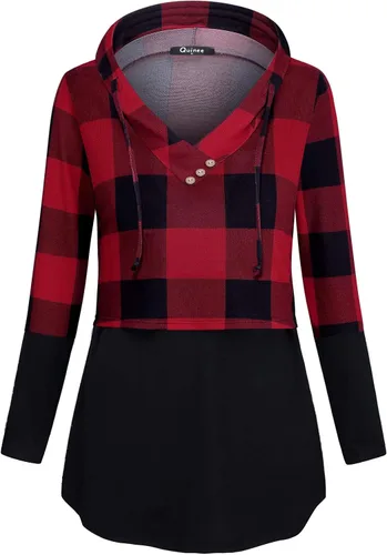 Vista 2 de QUINEE sudadera con capucha para mujer de manga larga a cuadros bloque