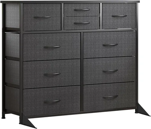 Vista 12 de LUMTOK - Cómoda de 10 cajones, cómodas de tela para dormitorio, pasillo, guardería, armarios, marco de acero, parte superior de madera, mango fácil
