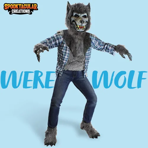 Vista 2 de Spooktacular Creations Boy Howling Werewolf Deluxe Costume with Mask, Werewolf Claws Gloves, Boot Covers, Wolf Costume Kids