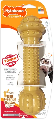 Vista 10 de Juguete mordedor para perros Nylabone, sabor mantequilla de maní., Barbell, L