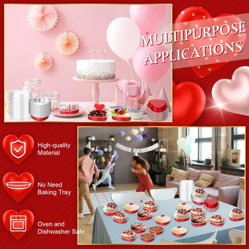 Vista 6 de Yinkin Juego de 50 moldes de aluminio con forma de corazón de 9 onzas con tapa, moldes desechables de papel de aluminio para cupcakes, moldes