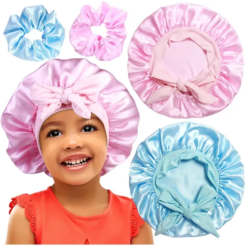 Vista 10 de 2+2 gorros de satén con coleteros para niños, bonitos gorros de pelo para niñas para dormir cabello rizado, A