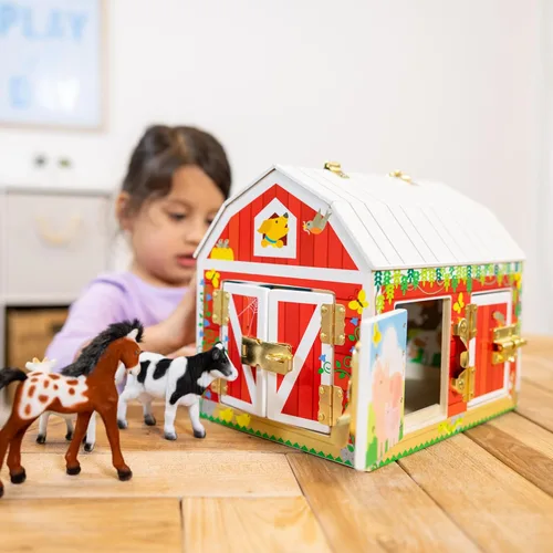 Vista 2 de Melissa & Doug – Juego sensorial de cierres para granero, juguete de puertas y cerraduras, animales de granja, para niños mayores de 3 años