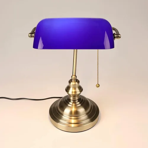Vista 4 de FIRVRE Lámpara de escritorio de banqueros de cristal azul, lámpara de mesa ejecutiva brillante con interruptor de cadena de tracción, lámpara