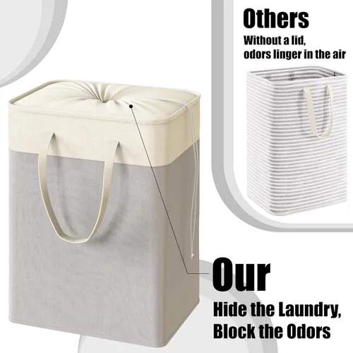 Vista 4 de Simple Houseware Cesta plegable para ropa sucia de 75 L, cesta rectangular de algodón con cierre de cordón y asas, color gris