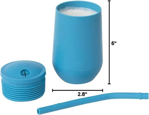 Vista 8 de ezpz Happy Cup + sistema de popote (azul) - 24 meses + - Taza 100% de silicona + popote para niños mayores + preescolares - Diseñado por un