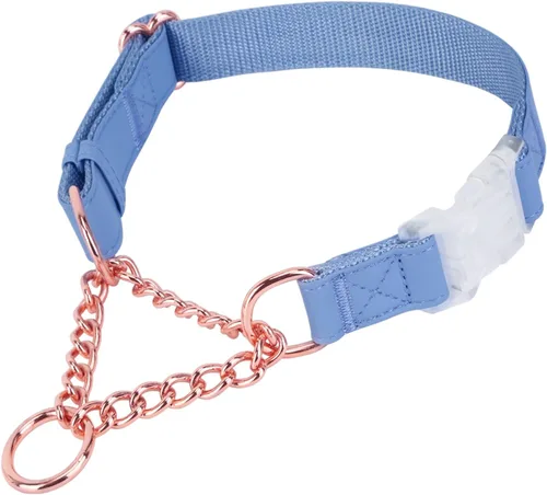 Vista 8 de Collar Martingala de cuero suave para perros, cadena de oro rosa limitada con hebilla de liberación rápida, elegante collar de entrenamiento