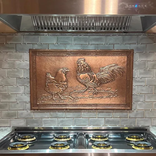 Vista 4 de Kitchen Backsplash, Rooster and Chicken Copper Backsplash, Custom Copper Backsplash Panel, Handmade Copper Backsplash Tile, Indoor Outdoor Wall