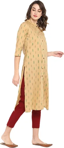 Vista 5 de Janasya Kurta de algodón beige indio para mujer