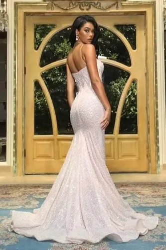 Vista 5 de Brillantes correas espaguetis vestidos de fiesta largos con tren sirena vestidos de noche para las mujeres novia formal DR0210