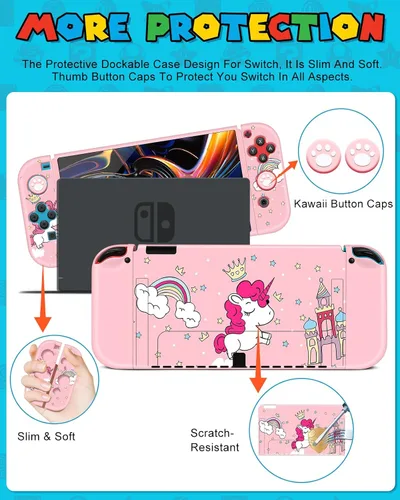 Vista 5 de 9in1 Unicorn Switch Oled Case for Nintendo Switch Oled Carrying Cases Girly Teens Protective Cover Dockable Skin+Thumb Grips+Game Holder+Shoulder