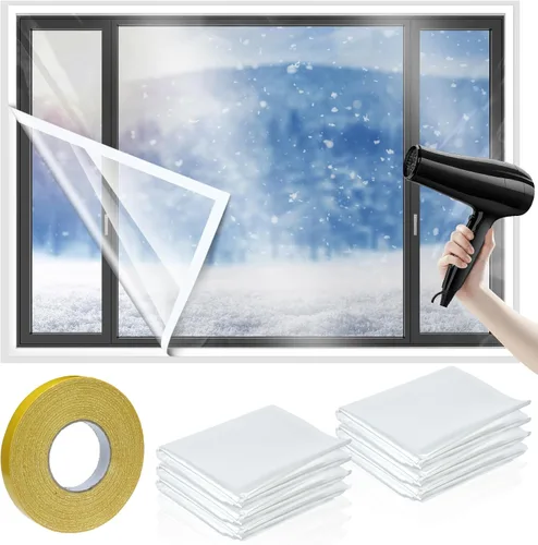 Vista 7 de Kit de aislamiento de ventana de 6 piezas de 47 x 63 pulgadas, película retráctil transparente cortable con cinta adhesiva de doble cara