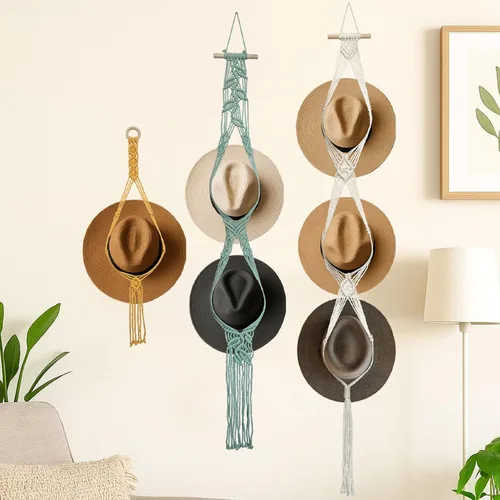 Vista 9 de Besoamo Perchas bohemias para sombreros, organizador de sombreros para pared, macramé para colgar en la pared, tejido a mano, organizador decorativo