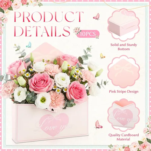 Vista 3 de Geyee 10 cajas sobre para ramo de floristería de graduación clase de 2026, ramo de flores de corazón rosa, embalaje de papel de regalo, bolsas